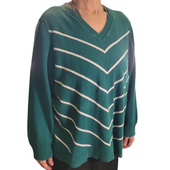 LIZ CLAIBORNE Womens Green Chevron Sweater Sz 2X V-Neck Minimalist Graphic - Picture 1 of 8